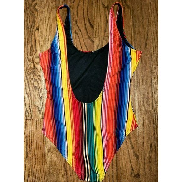 Anthropologie's ONIA Striped One Piece Low Back Rasta Swimsuit Women's Size XL - Picture 2 of 4